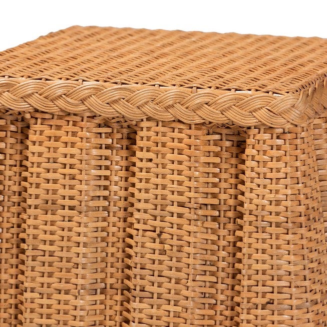 Close-up of braided rattan trim and woven pattern on natural rattan end table