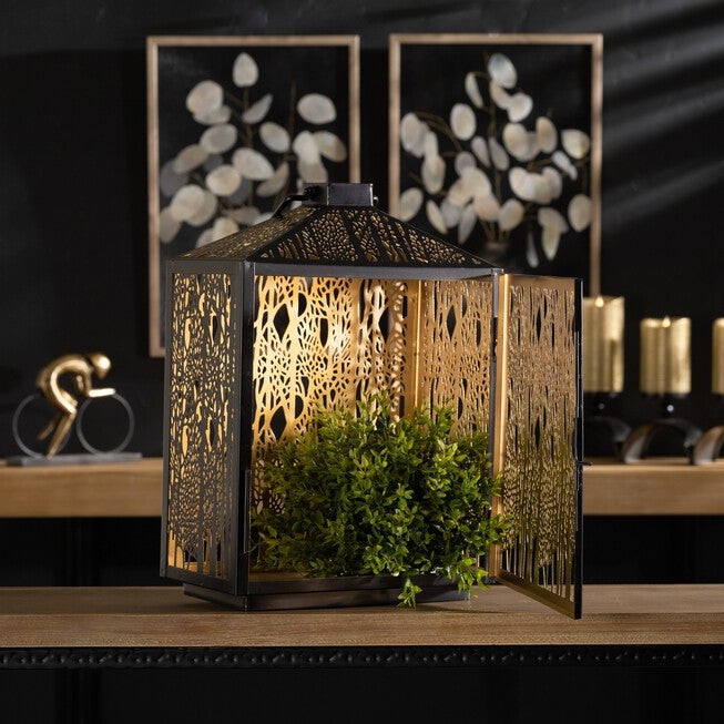 Forest Cut Metal Lantern with Gold Accent 16 inchesH, BLACK/GOLD, alternate image number 3