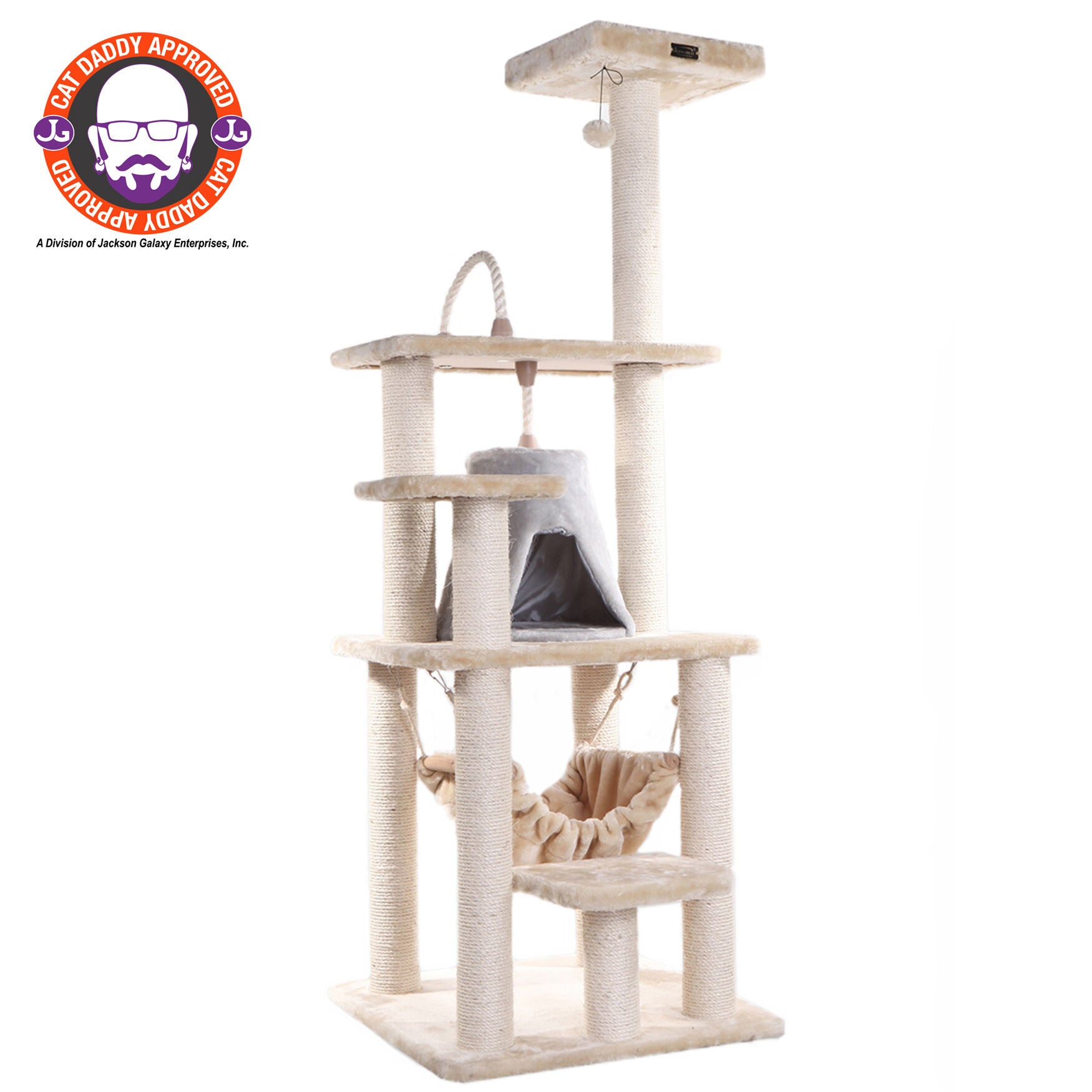 65 inches Real Wood Cat Tree With Sisal Rope, Hammock, Playhouse, BEIGE, hi-res image number 0