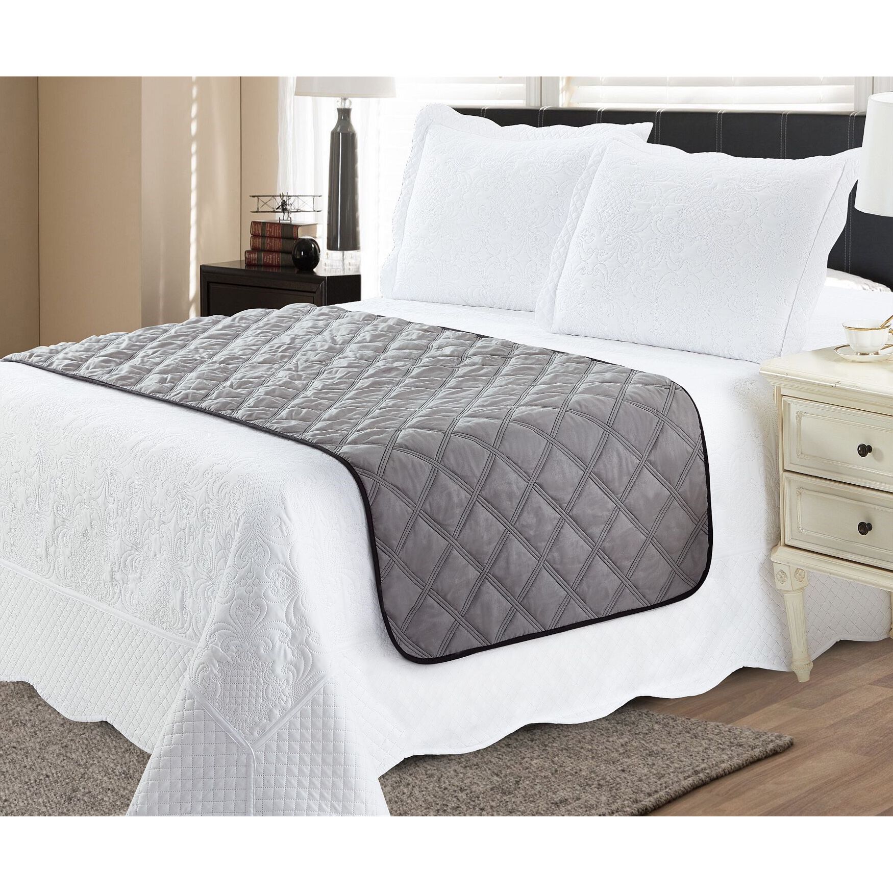Solid Reversible Quilted Bed Runner Protector, , on-hover image number 1