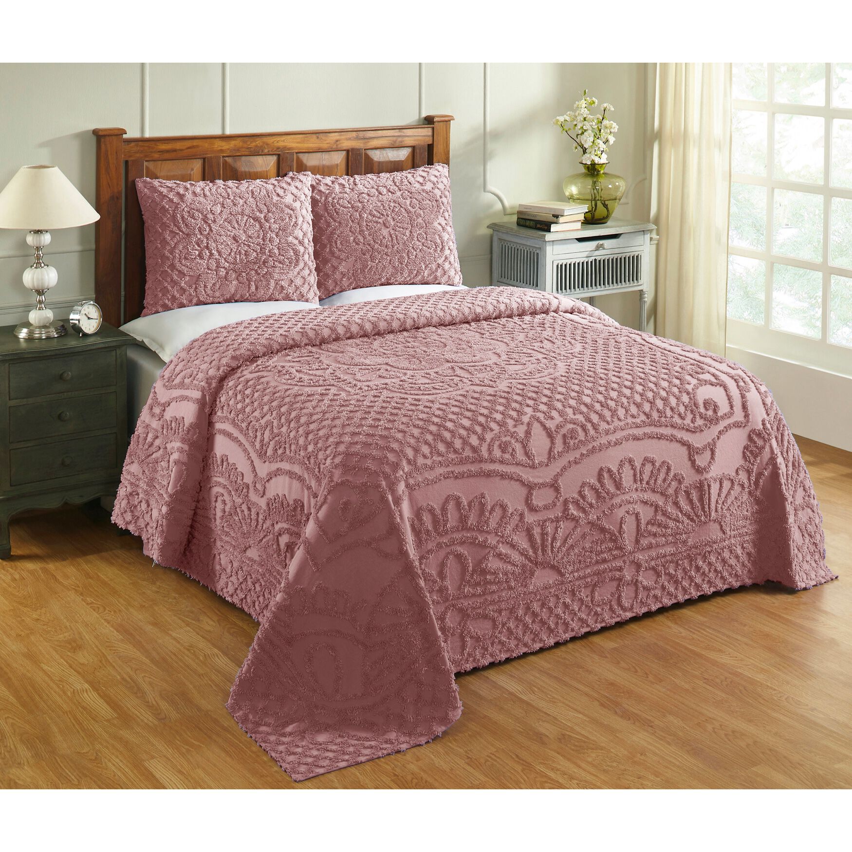 Trevor Collection Tufted Chenille Bedspread Set , PINK, hi-res image number 0