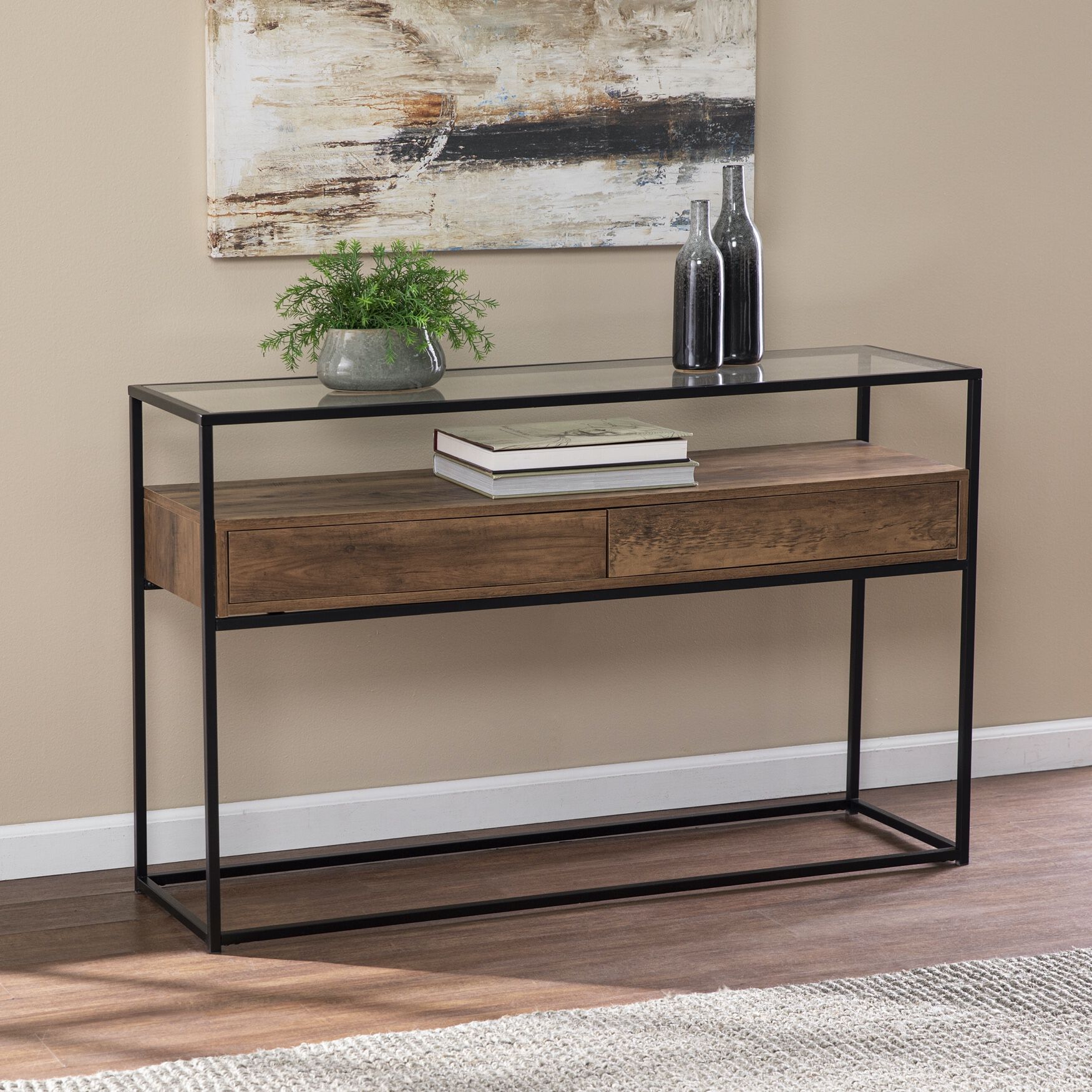 Olivern Glass Top Console Table W Storage, BLACK, hi-res image number 0
