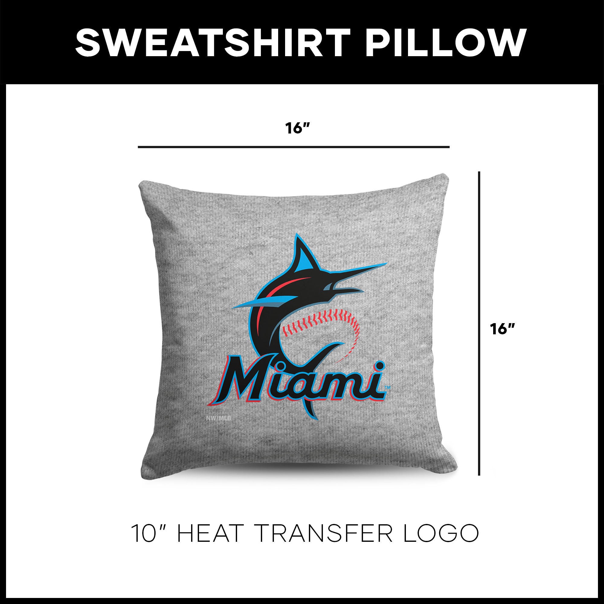 Miami Marlins MLB Primary Sweatshirt PIllow 16 Inches, GRAY, alternate image number 4