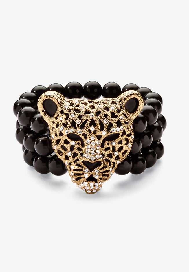Goldtone Onyx Leopard Stretch Bracelet (42mm), Round Crystal, 8.5 inches, GOLD, hi-res image number 0