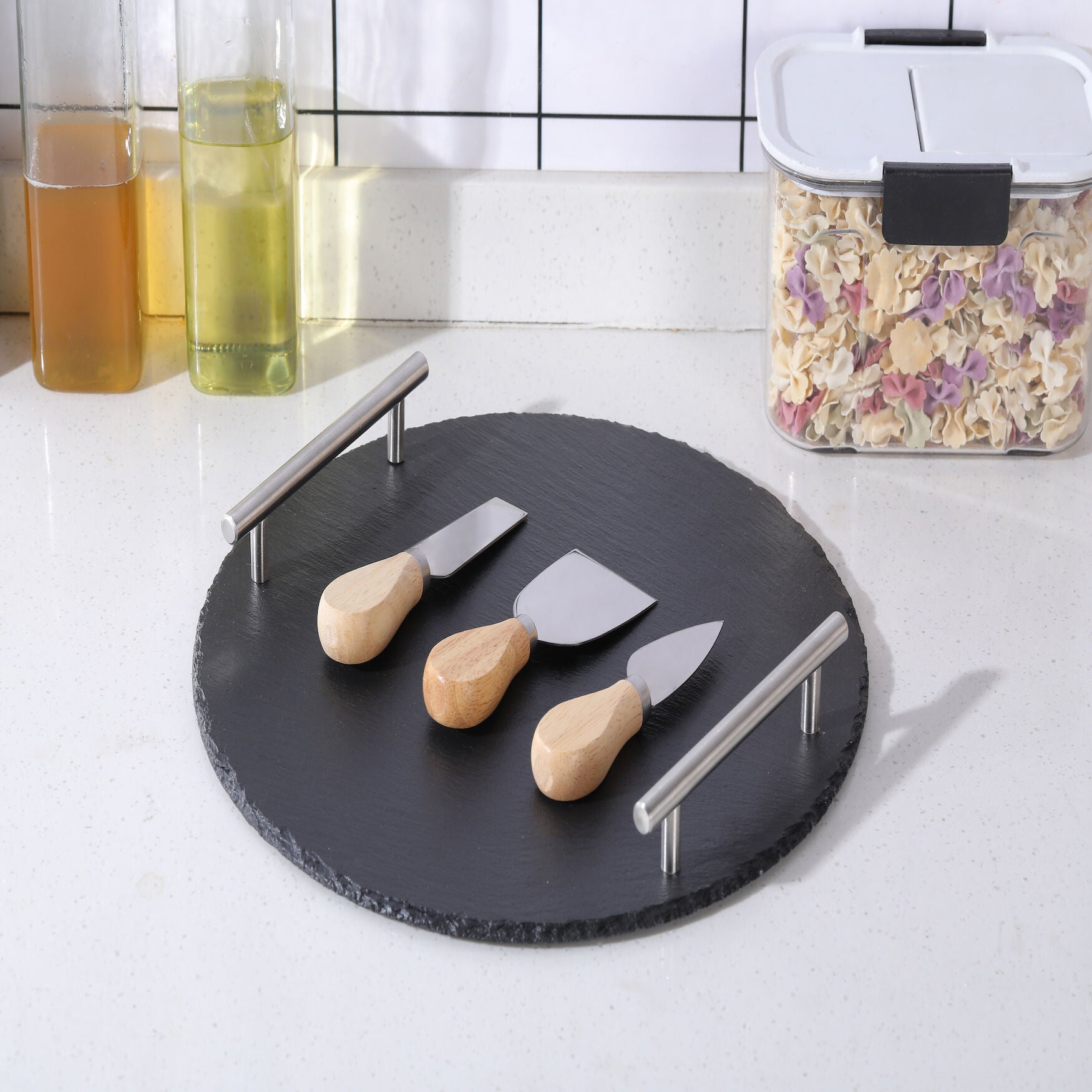 Rounde Slate Stone Serving Tray With Stainless Steel Handkles - Kit, , alternate image number 5