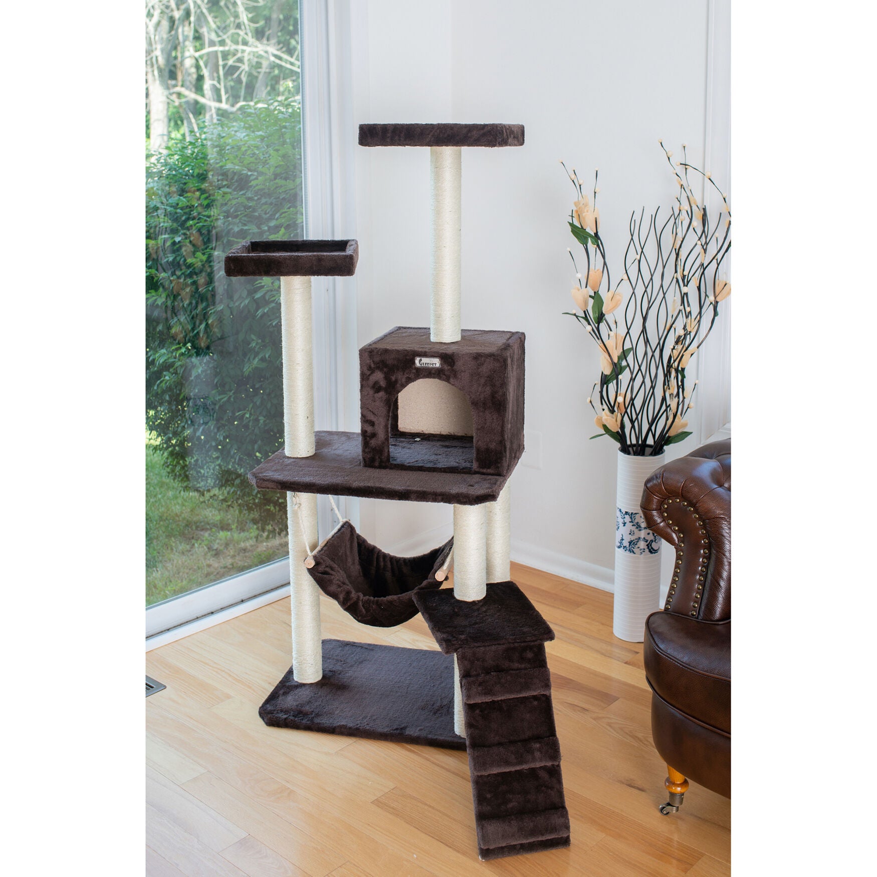 4 Level Gleepet Real Wood 57 inches Condo Cat Tree With Ramp, Hammock, , alternate image number 2