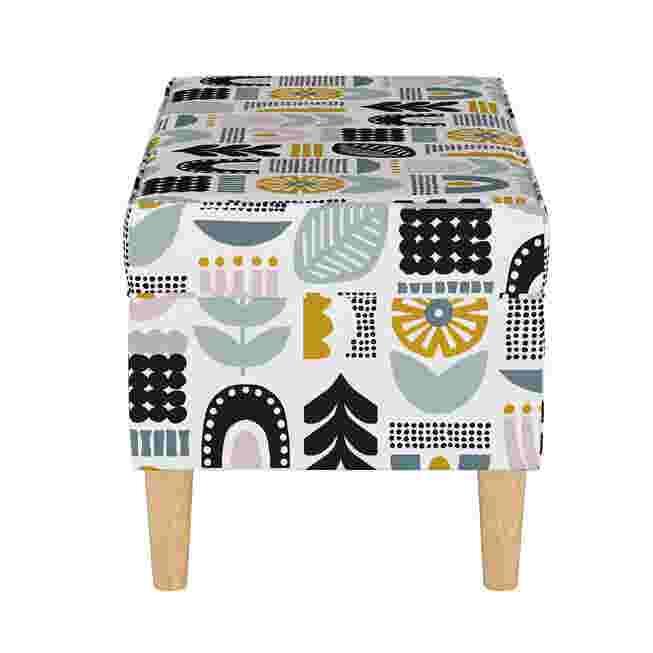 Helsinki Block Storage Bench with geometric pattern in black, white, yellow, and gray