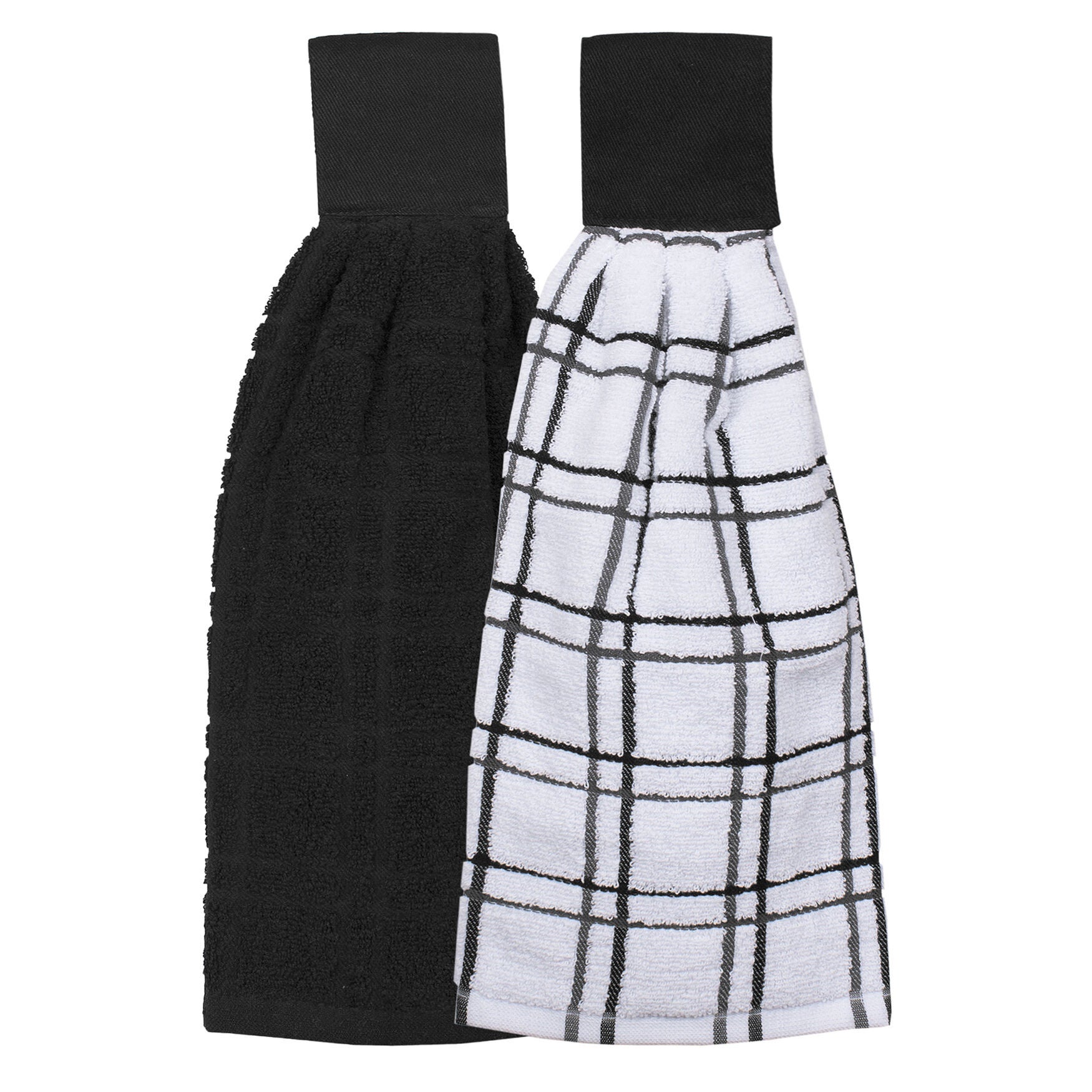 Solid And Multi Check Kitchen Tie Towel, Set Of Two, BLACK, hi-res image number 0