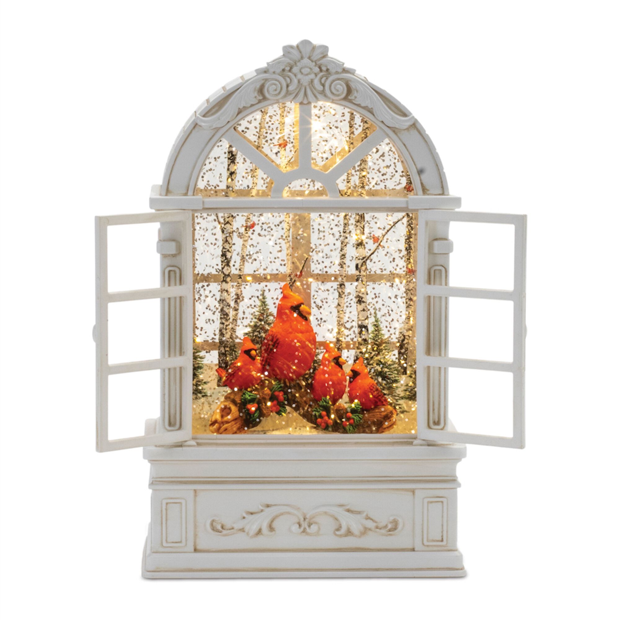 LED Snow Globe Window with Cardinal Family 9 inchesH, WHITE RED, hi-res image number 0