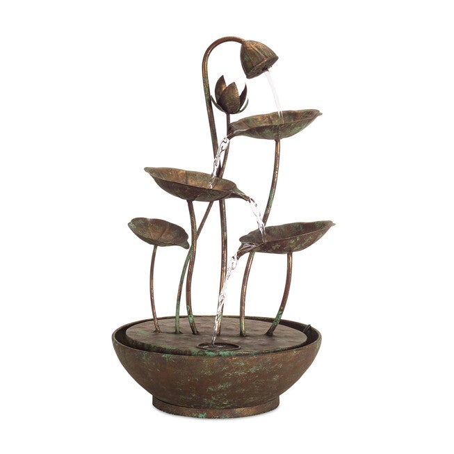 Rustic Metal Lotus Leaf Fountain 19.5 inchesH, BROWN, hi-res image number 0