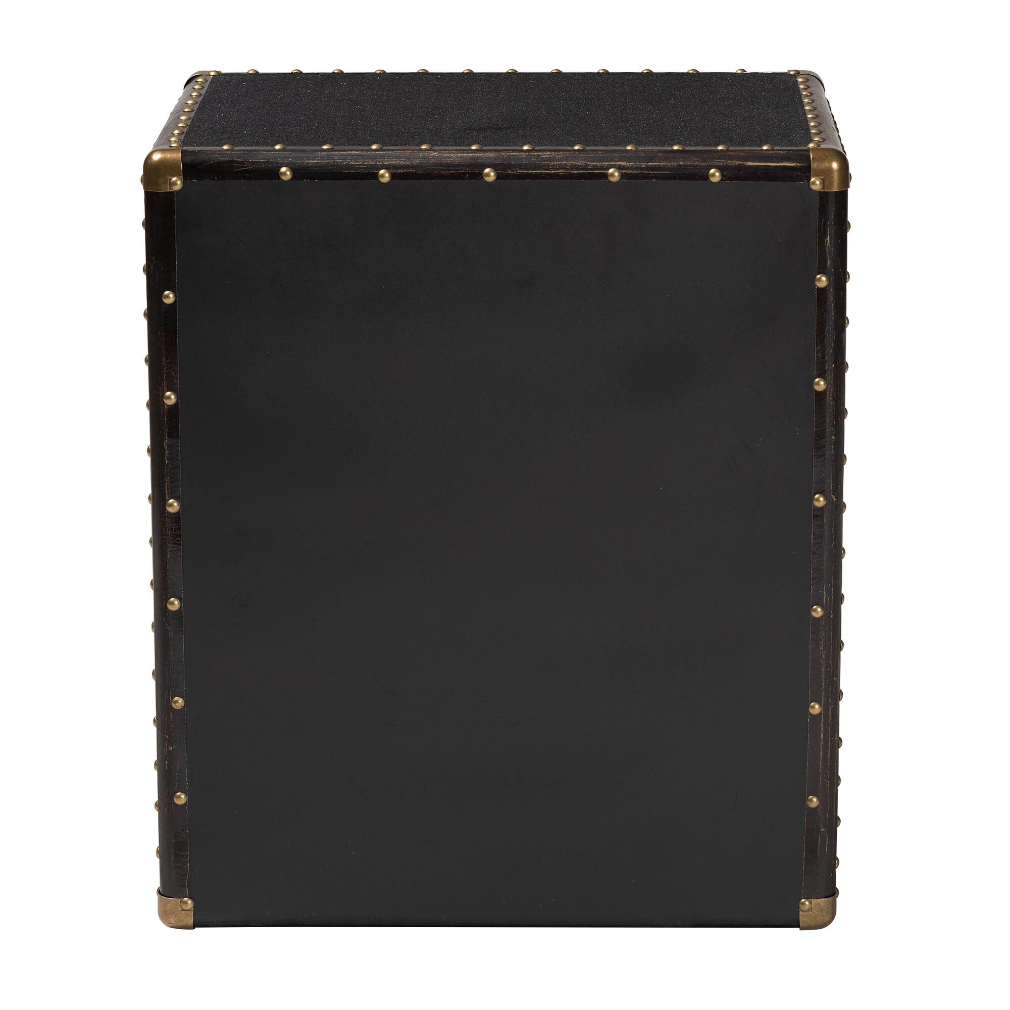 Solid side panel of the black cabinet with rivet trim along edges.