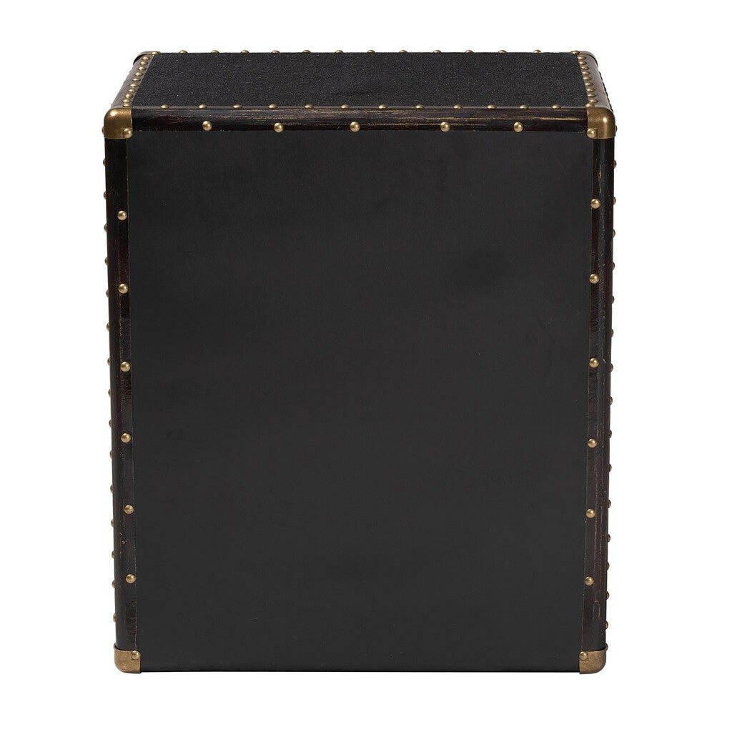 Solid side panel of the black cabinet with rivet trim along edges.