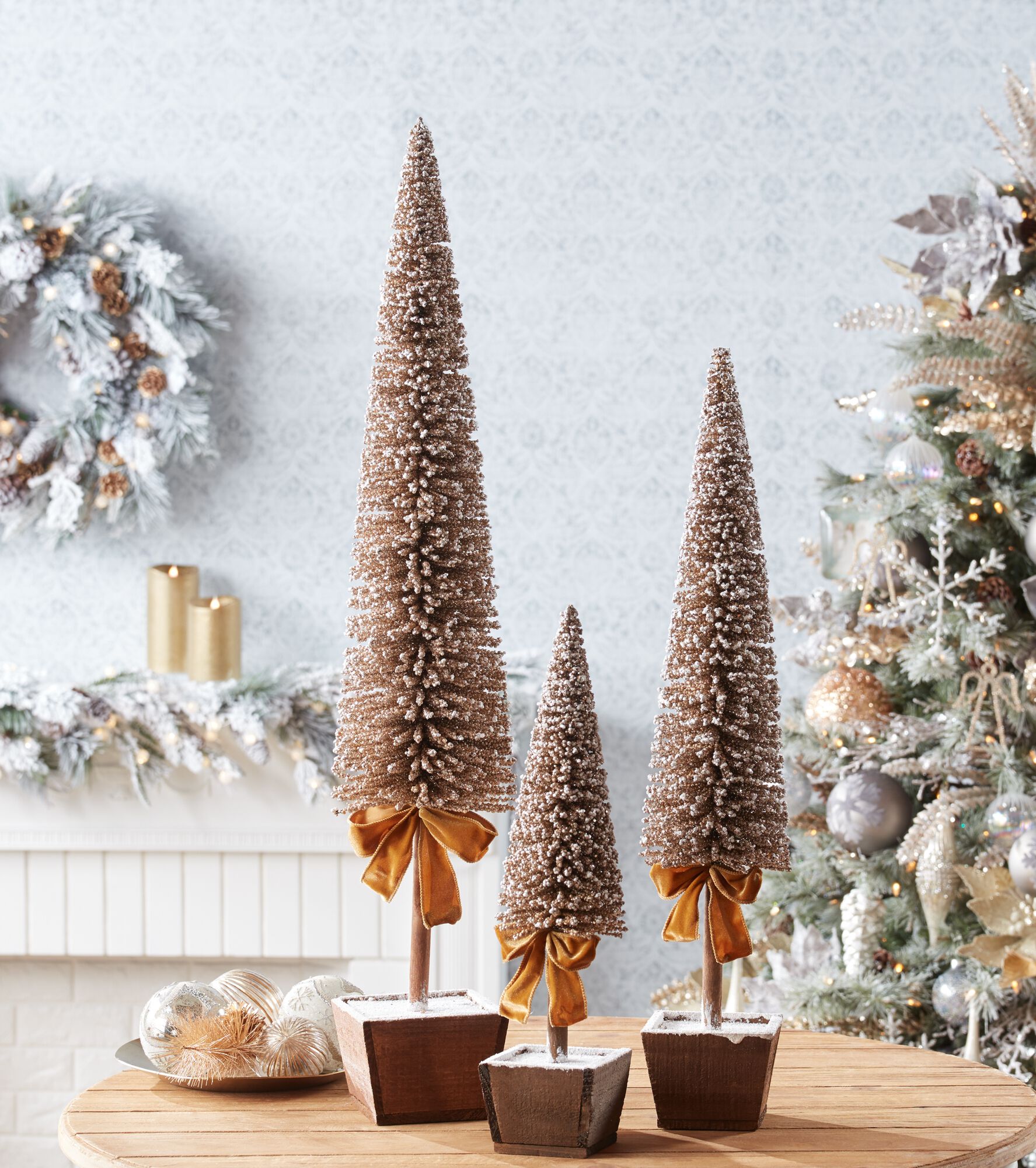 Potted Bottle Brush Pine Tree (Set of 3), GOLD WHITE, alternate image number 2
