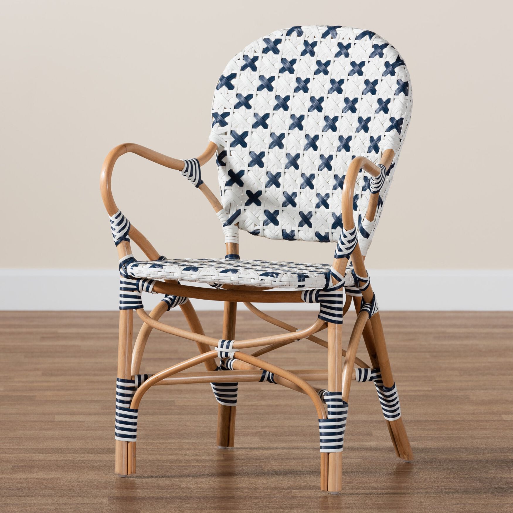 Bryson Modern French Blue And White Weaving And Natural Rattan Bistro Chair, , alternate image number 8