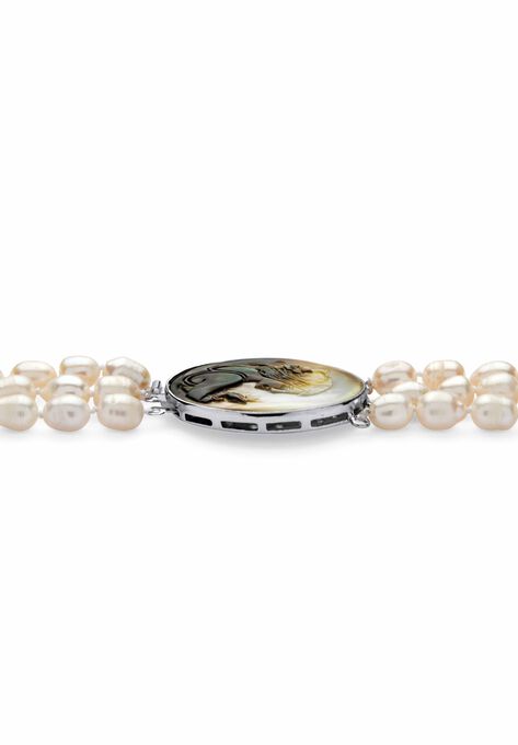 Silver Tone Multi Strand Cameo Necklace Cultured Freshwater Pearl 28", , on-hover image number null
