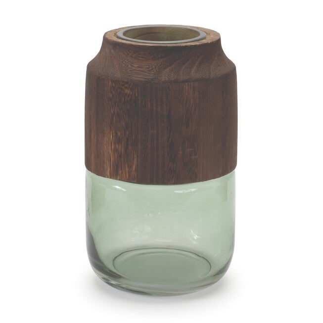 Sage Glass Vase with Wood Accent 9 inchesH, GREEN/BROWN, hi-res image number 0