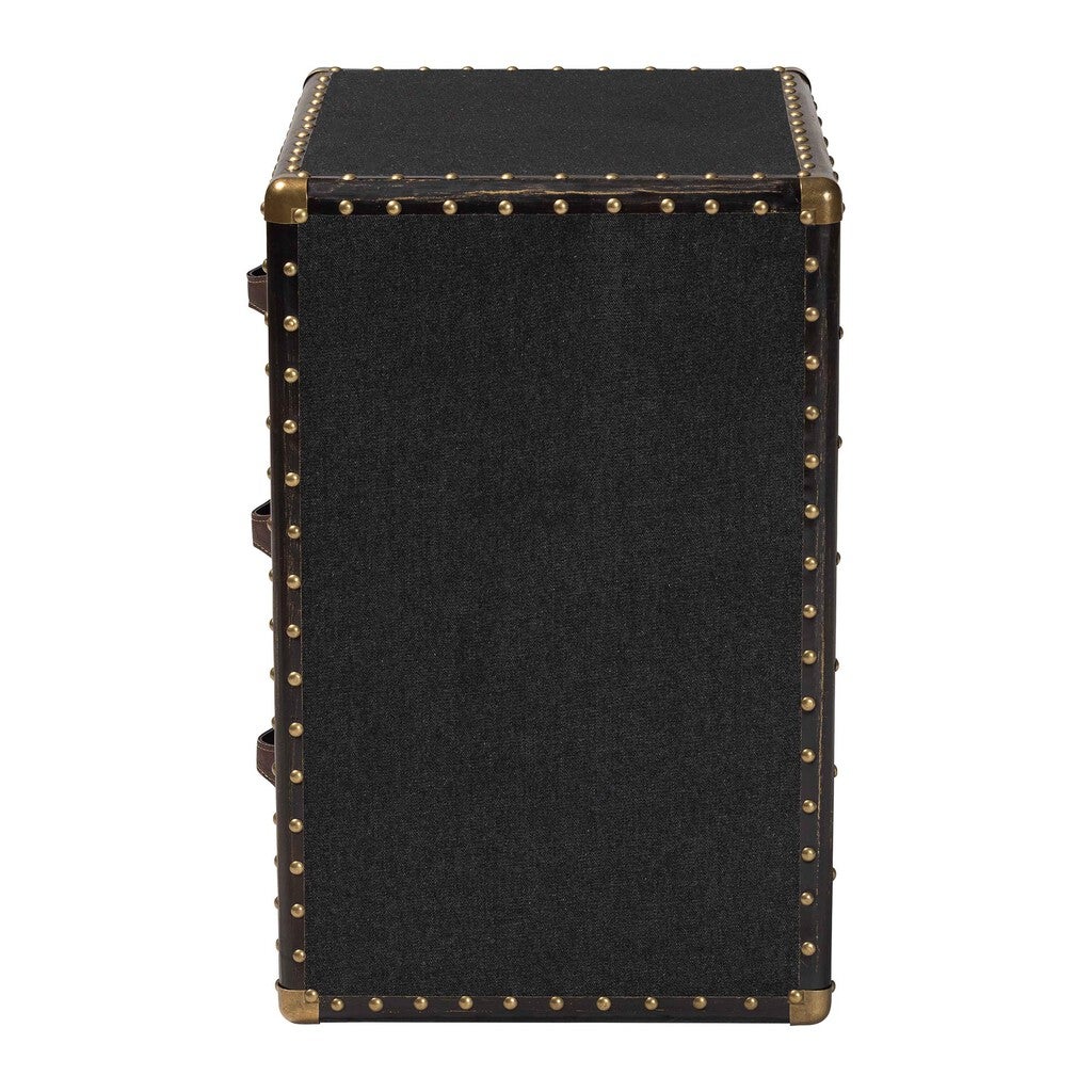 Backside of the black three-drawer cabinet showing smooth side panel and rivet trim.