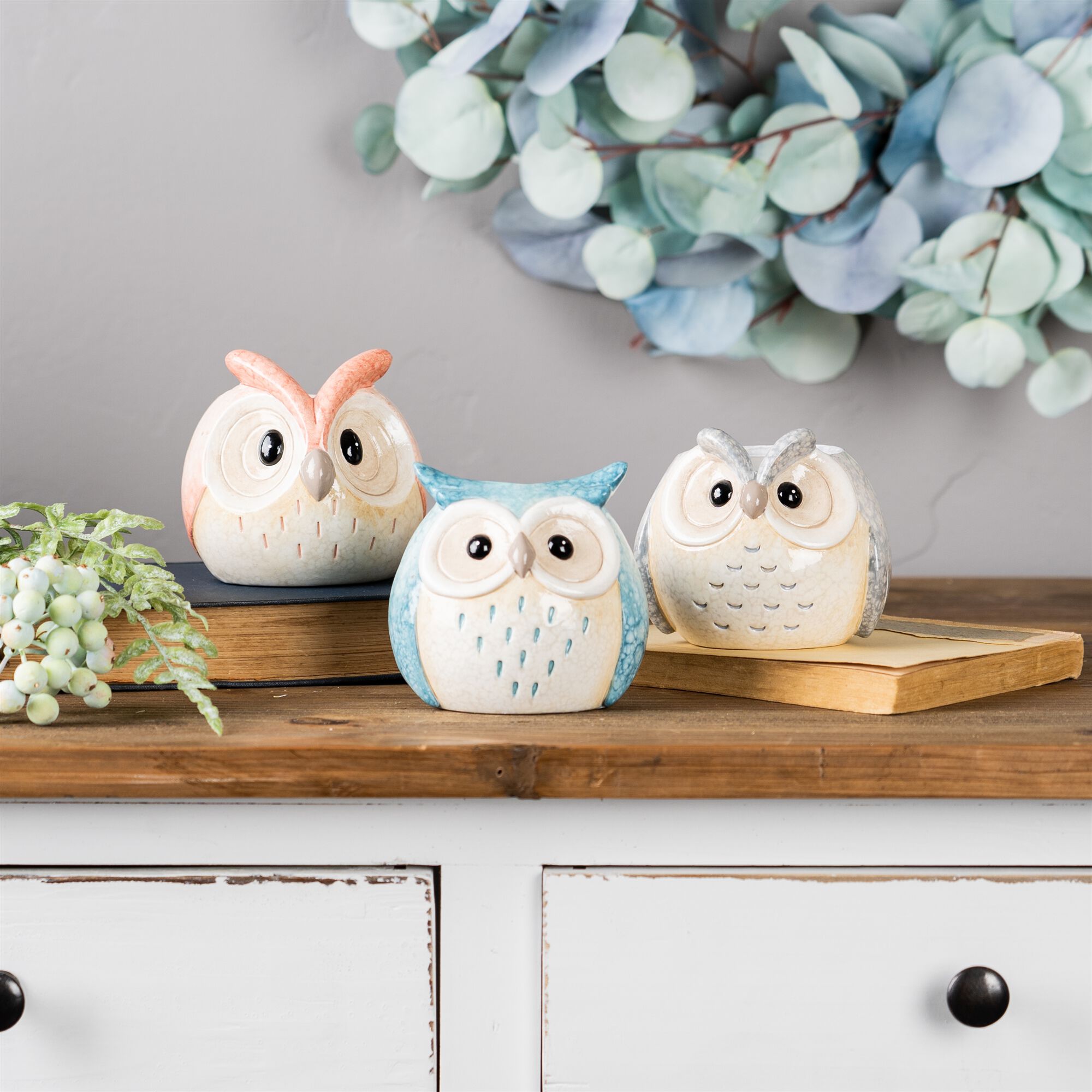 Whimsical Pastel Terra Cotta Owl Figurine (Set of 12), BLUE PINK GREY, alternate image number 4