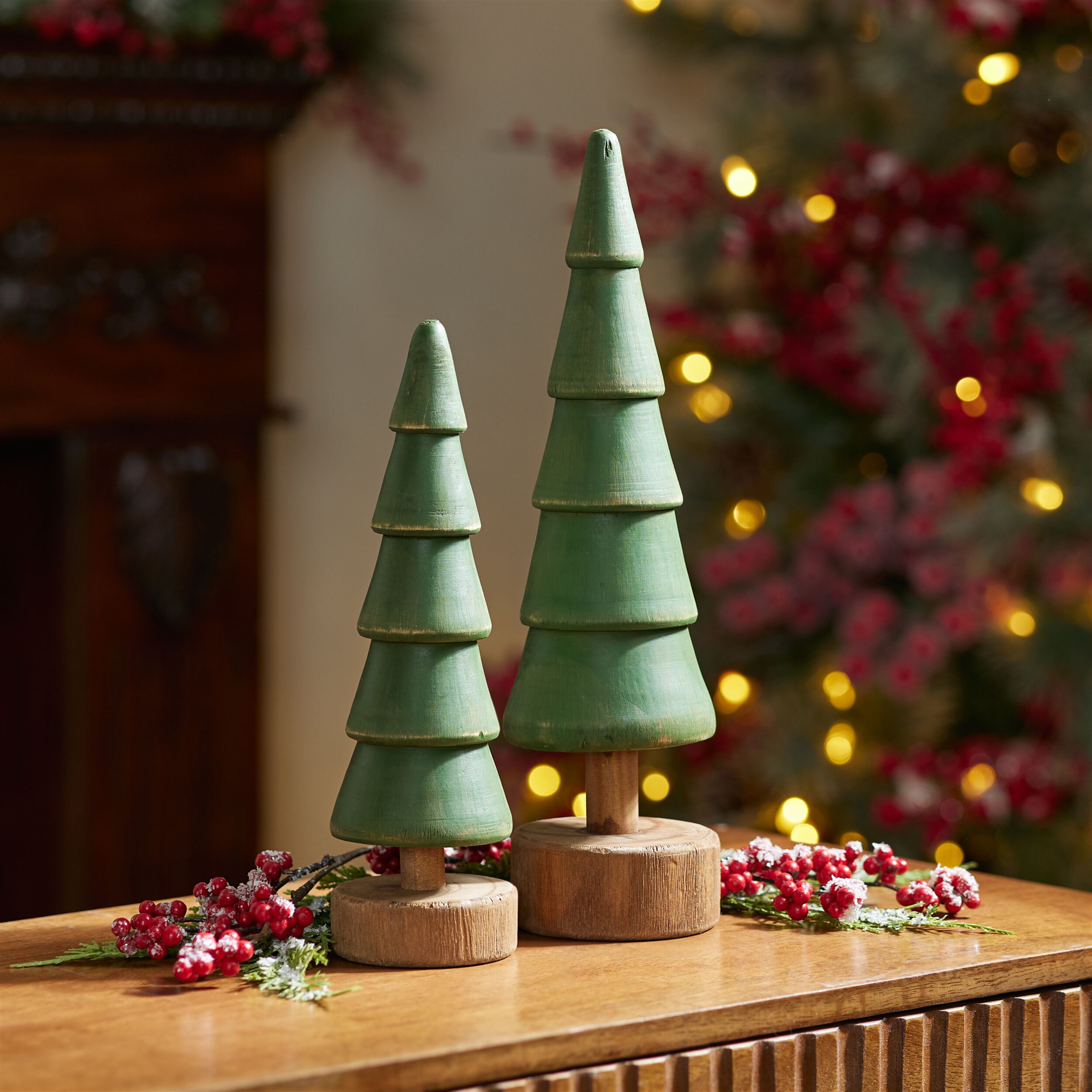Rustic Wooden Evergreen Tree (Set of 2), GREEN, alternate image number 2