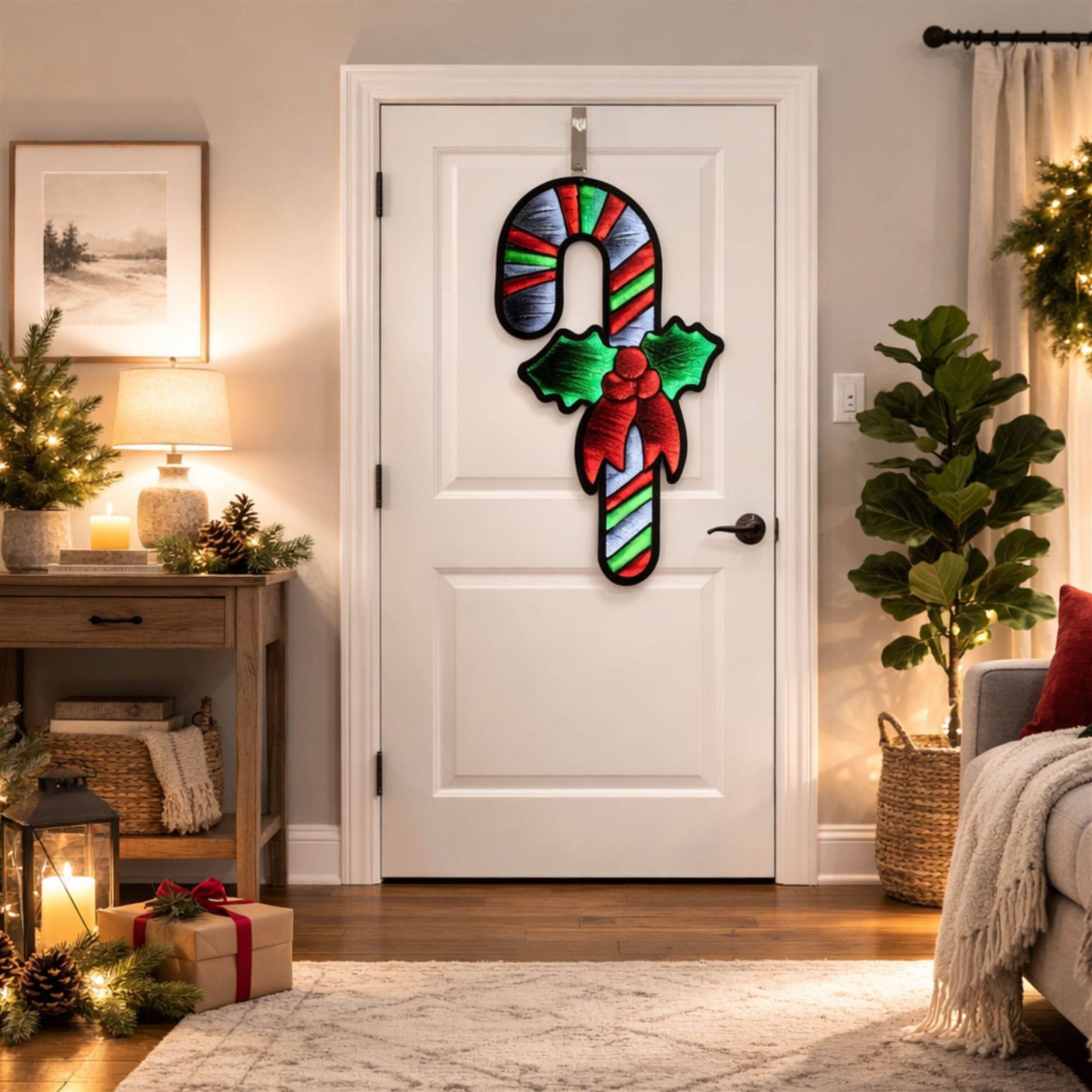 Hanging Candy Cane with Holly Ekkolight 35 inchesH, RED WHITE GREEN, alternate image number 2