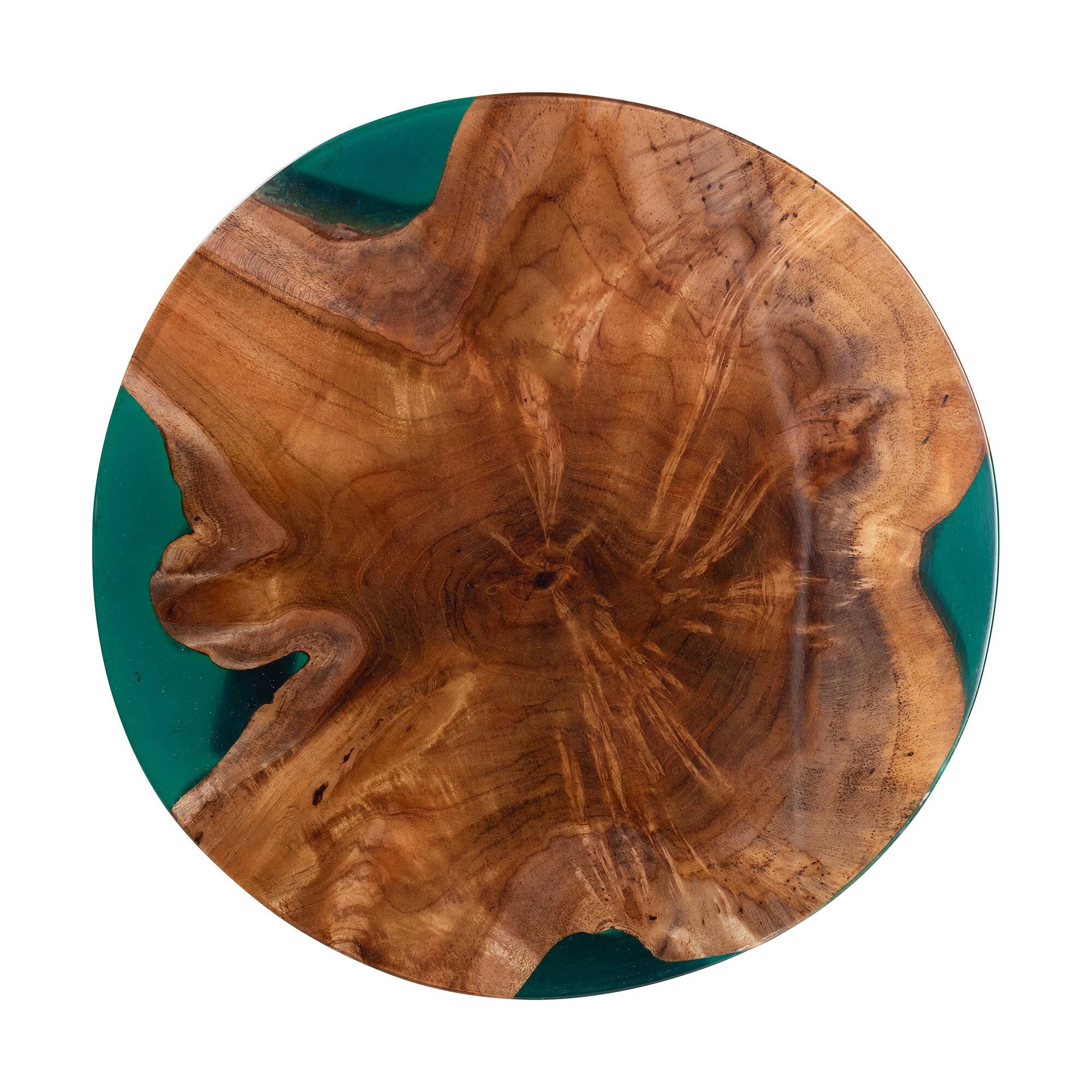 Top view of round teak end table with teal epoxy resin pockets