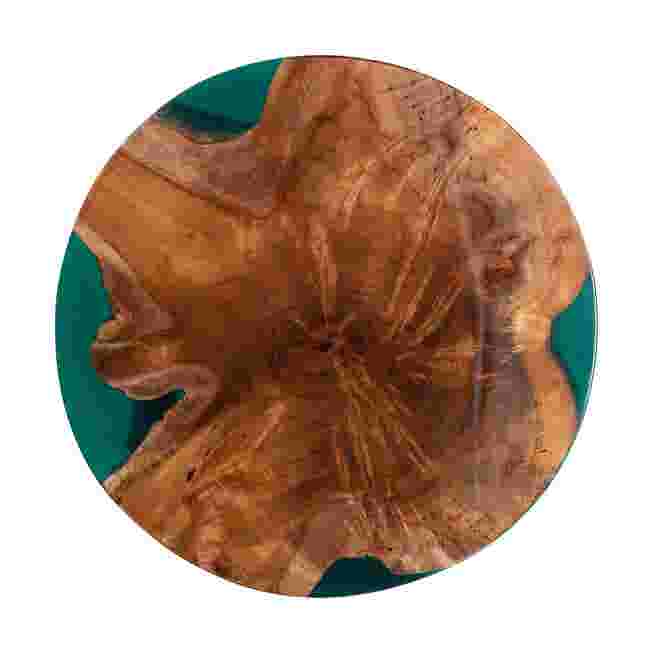 Top view of round teak end table with teal epoxy resin pockets
