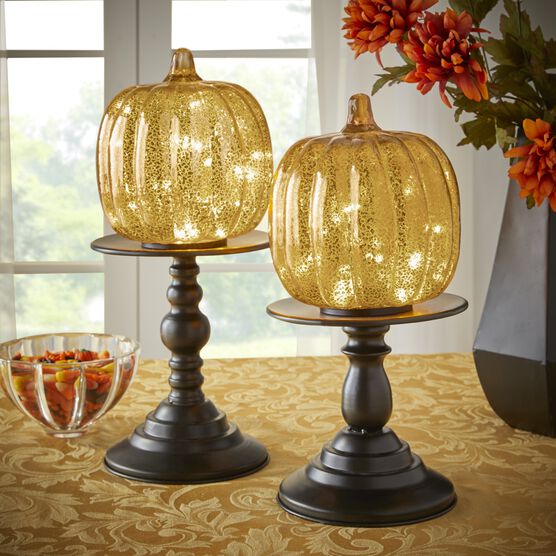 14½" Pre-Lit Glass Pumpkin on Metal Stand, GOLD, hi-res image number null