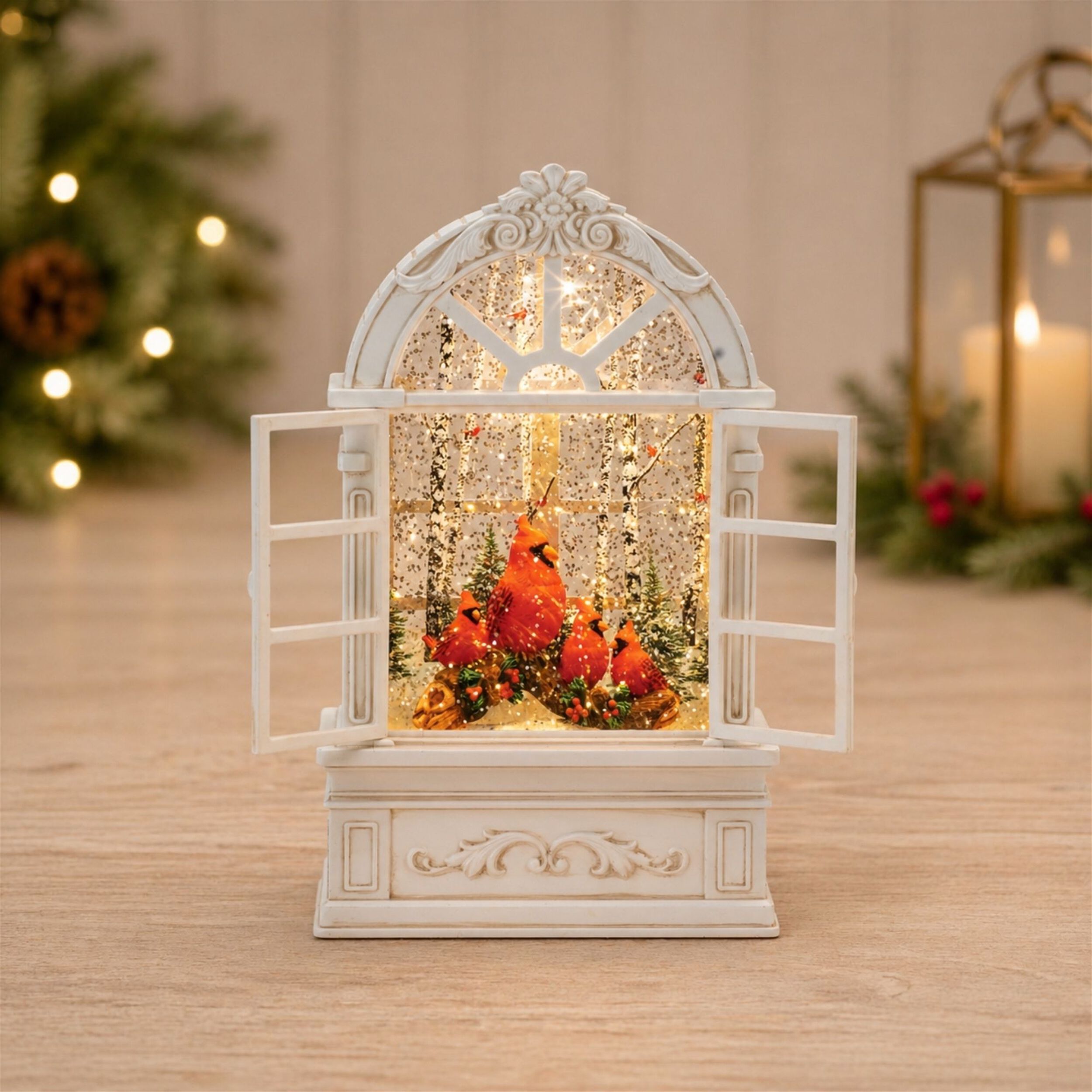 LED Snow Globe Window with Cardinal Family 9 inchesH, WHITE RED, alternate image number 3