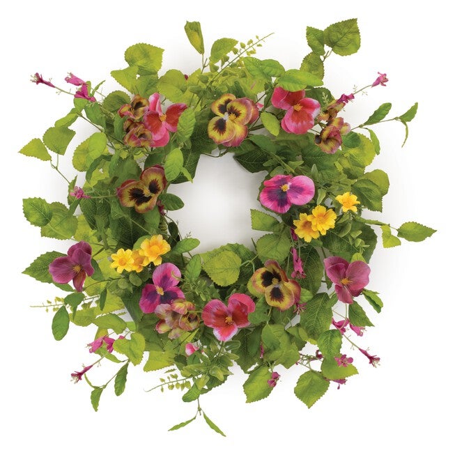 Mixed Pansy Floral Candle Ring 16 inchesD, GREEN/PINK, alternate image number 1