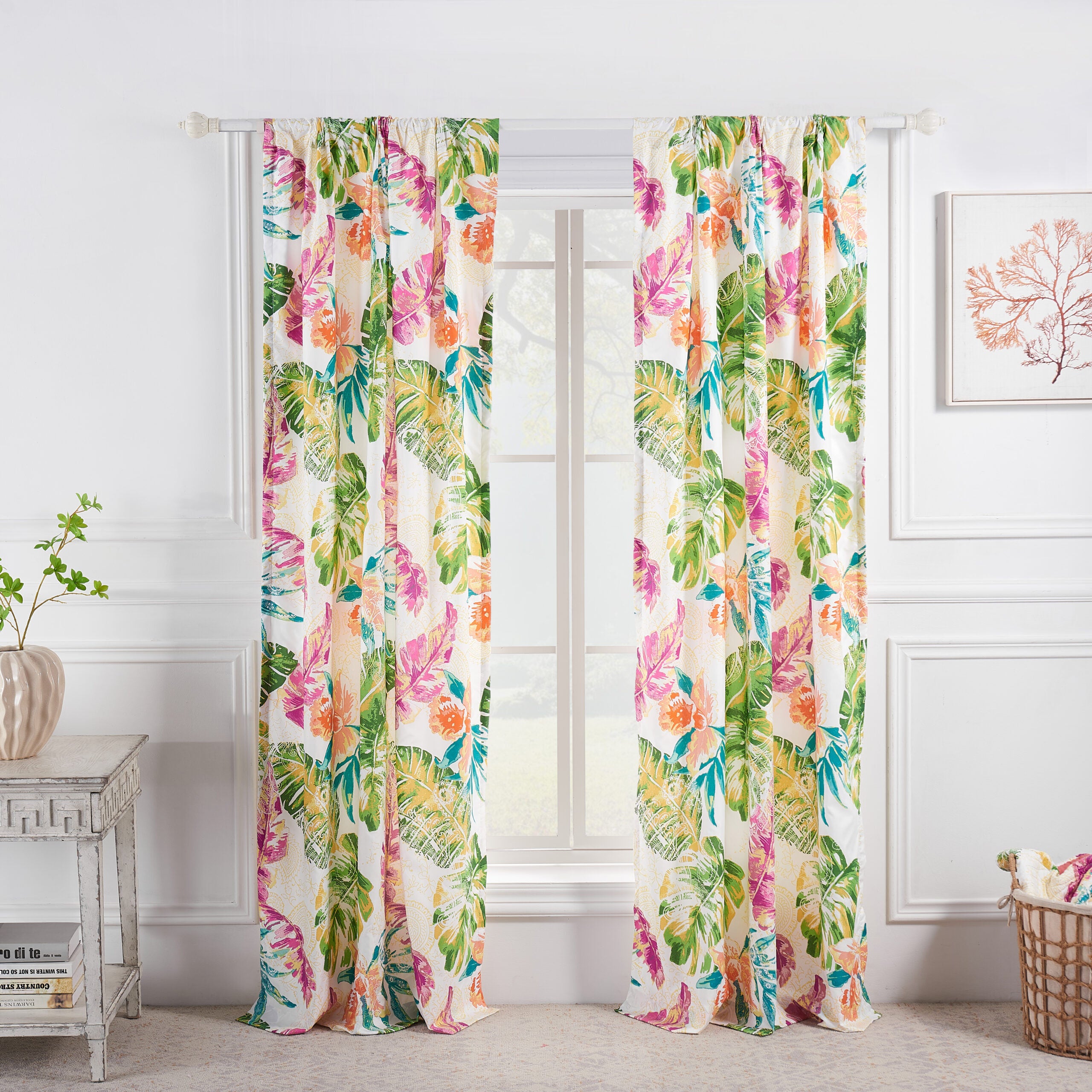 Tropics Window Curtain Panels, Set of 2, 84 inches, CORAL, hi-res image number 0