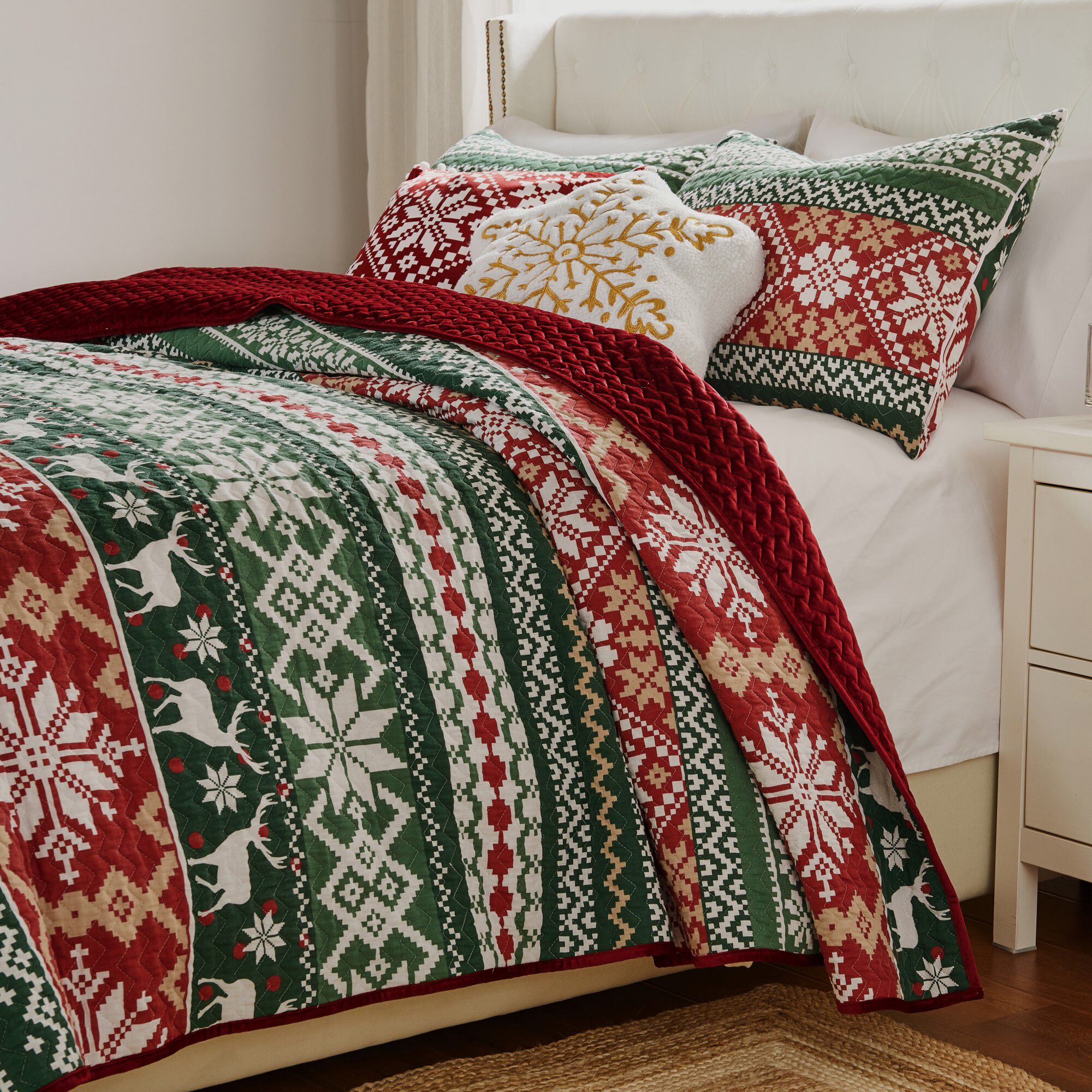 Fair Isle Festive Winter Holiday Finely Stitched Quilt Set, RED, hi-res image number 0