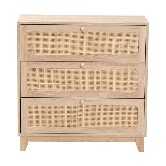 Elsbeth Japandi Oak Brown Finished Wood And Natural Rattan 3-Drawer Storage Cabinet, , alternate image number null