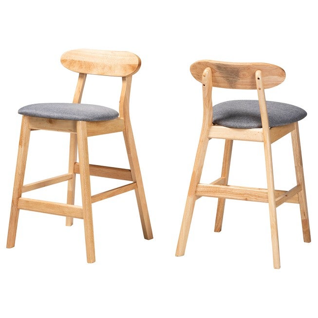 Ulyana Mid-Century Modern Grey Fabric And Natural Brown Finished Wood 2-Piece Counter Stool Set, GREY NATURAL BROWN, hi-res image number 0