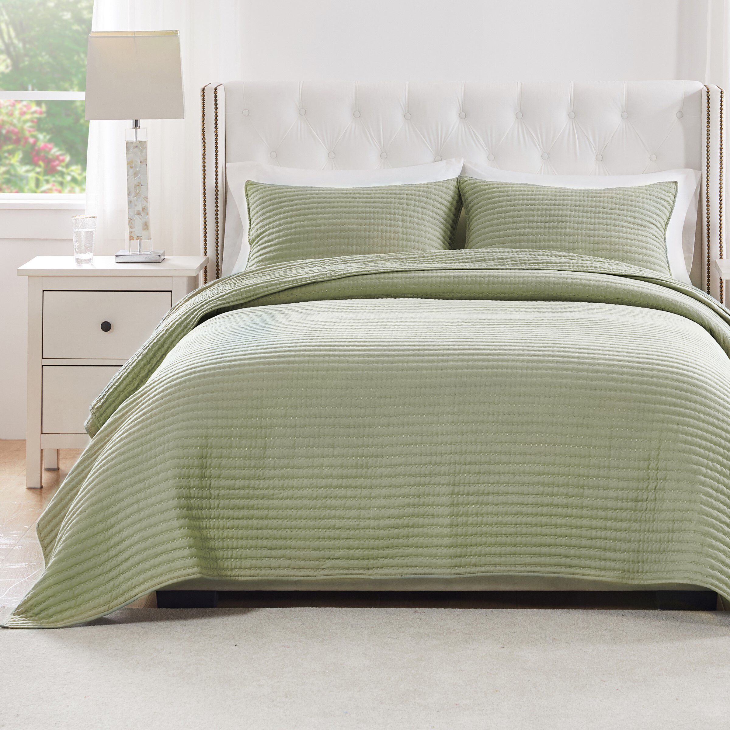 Greenland Home Fashions Vineyard Finely Stitched Quilt Set, SAGE, hi-res image number 0