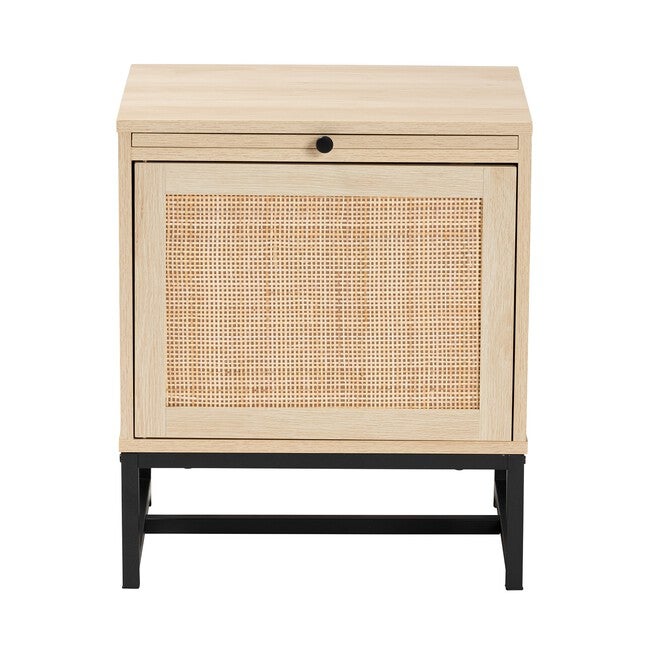 Caterina Mid-Century Modern Transitional Natural Brown Finished Wood And Natural Rattan 1-Door Nightstand With Pull-Out Shelf, , alternate image number 2