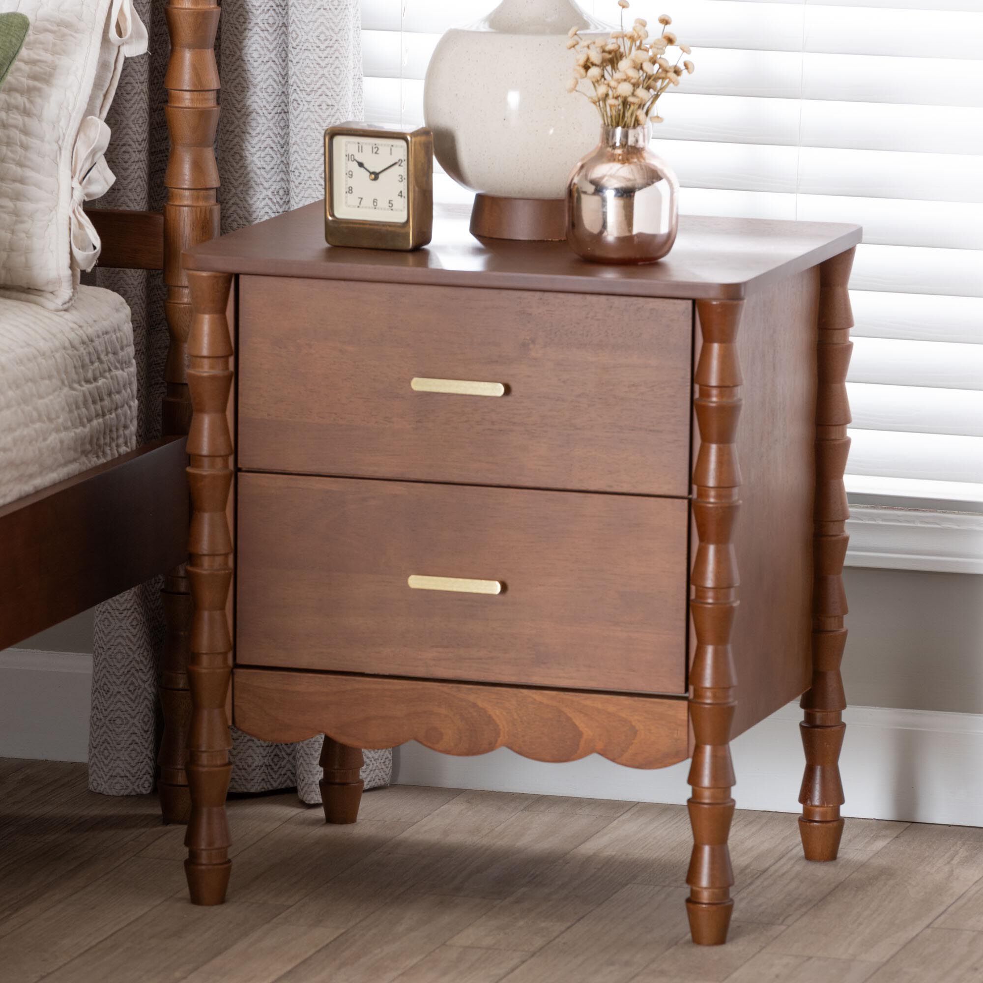 Danette Bobbin Wood 2-Drawer Nightstand, WALNUT, hi-res image number 0