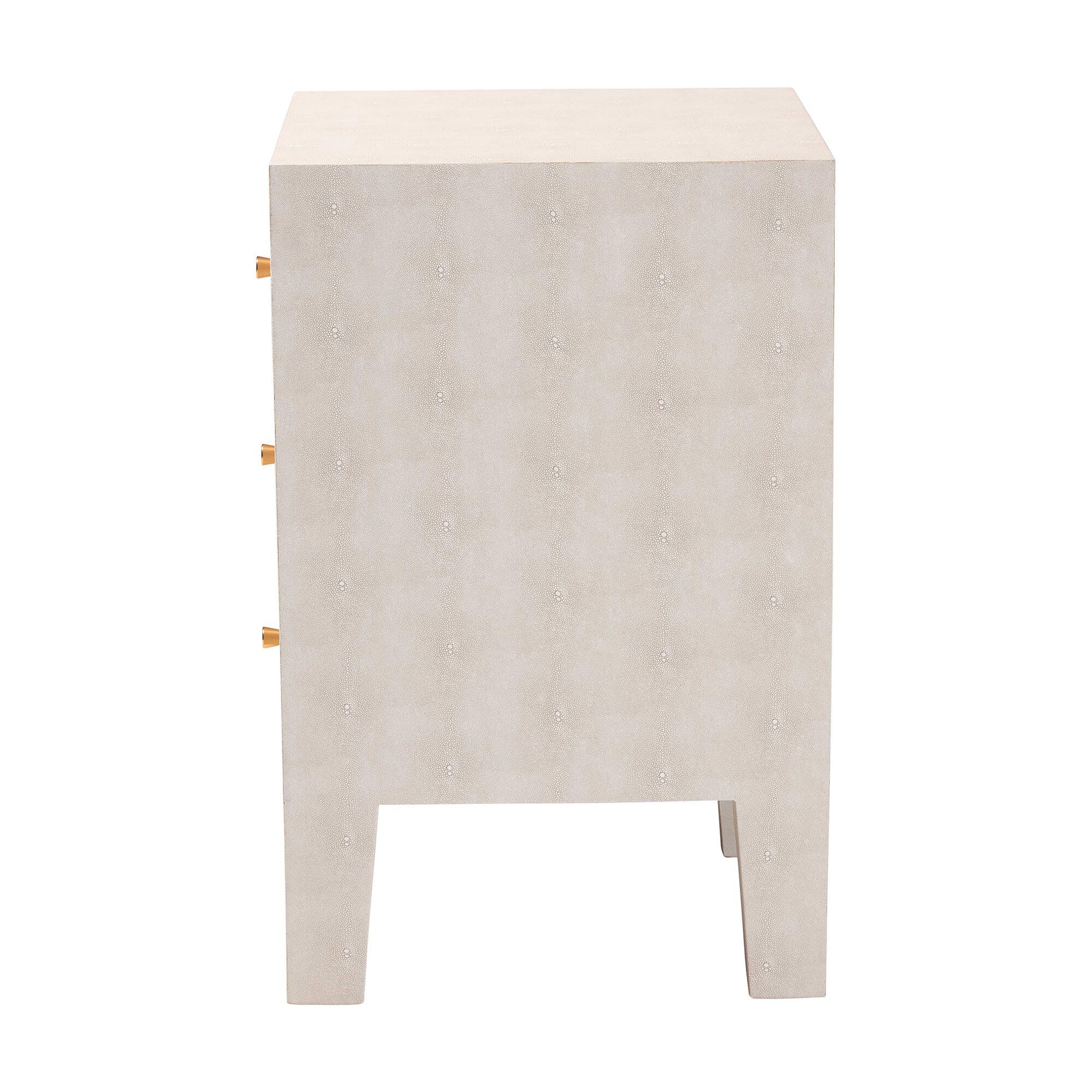 Side/back view of the same light wood nightstand showing smooth surface and drawer pulls on the side