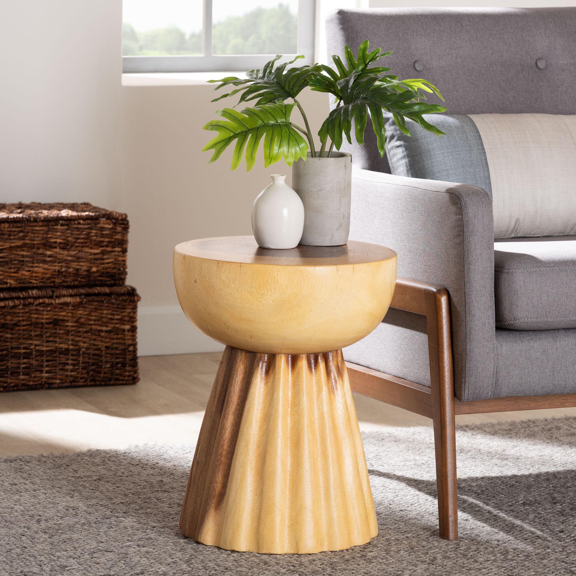 Alara Hand-carved Suar Wood Side Table, NATURAL BROWN, hi-res image number 0