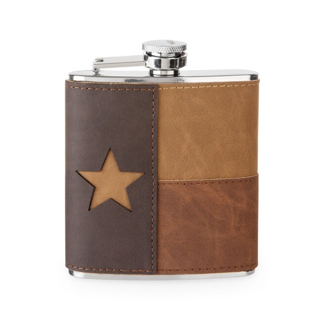 Leather Texas Stainless Steel Flag Beverage Flask, BROWN, hi-res image number 0