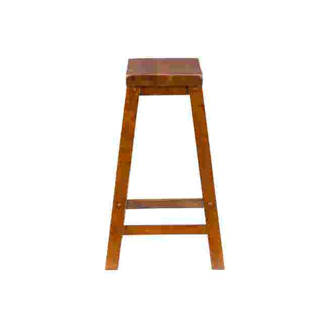 Front-on view of wooden counter stool showing legs and seat