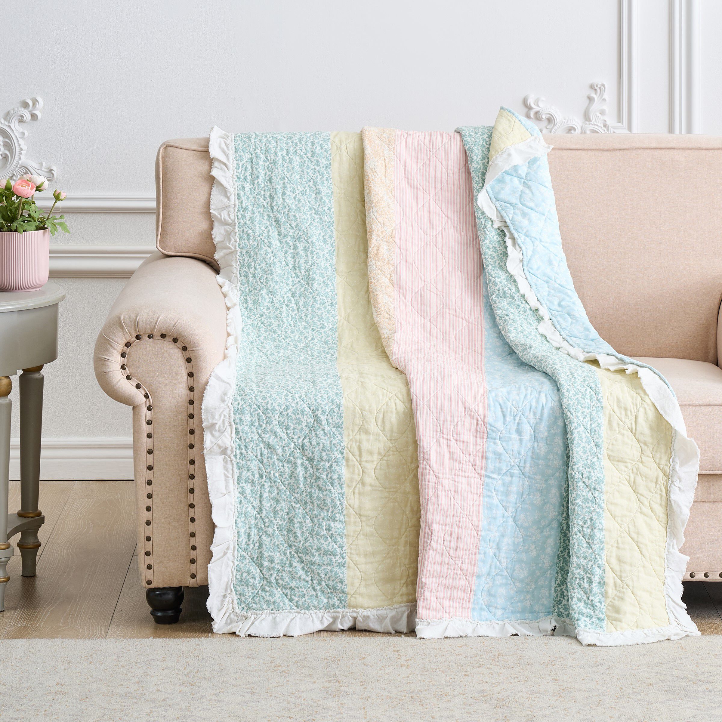 Tessie Ruffled Shabby Chic Quilted Throw Blanket, PASTEL, hi-res image number 0