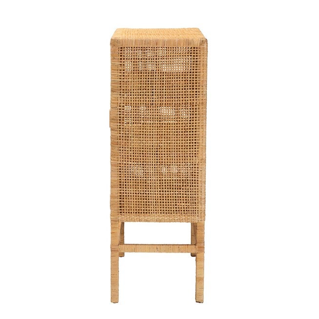 Vivan Modern Bohemian Natural Brown Rattan And Mahogany Wood 3-Shelf Storage Cabinet, , alternate image number null