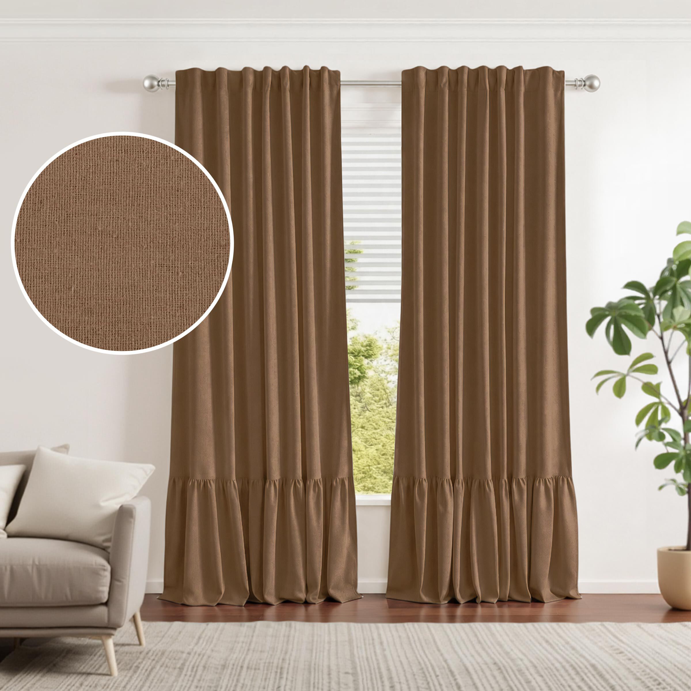 100% Blackout Recycled Cotton Ruffle Curtain Pair, COFFEE, hi-res image number 0