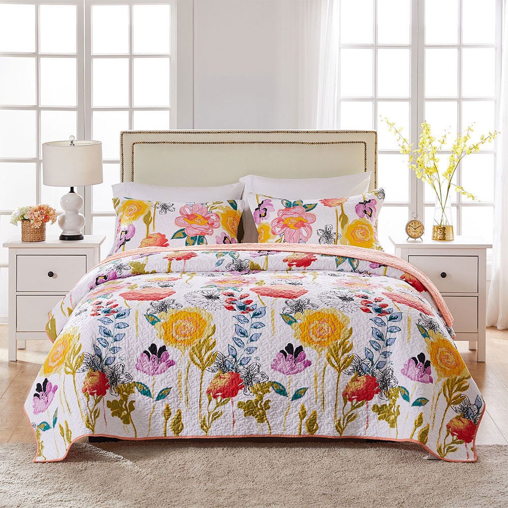 Watercolor Dream Floral 100% Cotton Quilt Set, WHITE, alternate image number 3