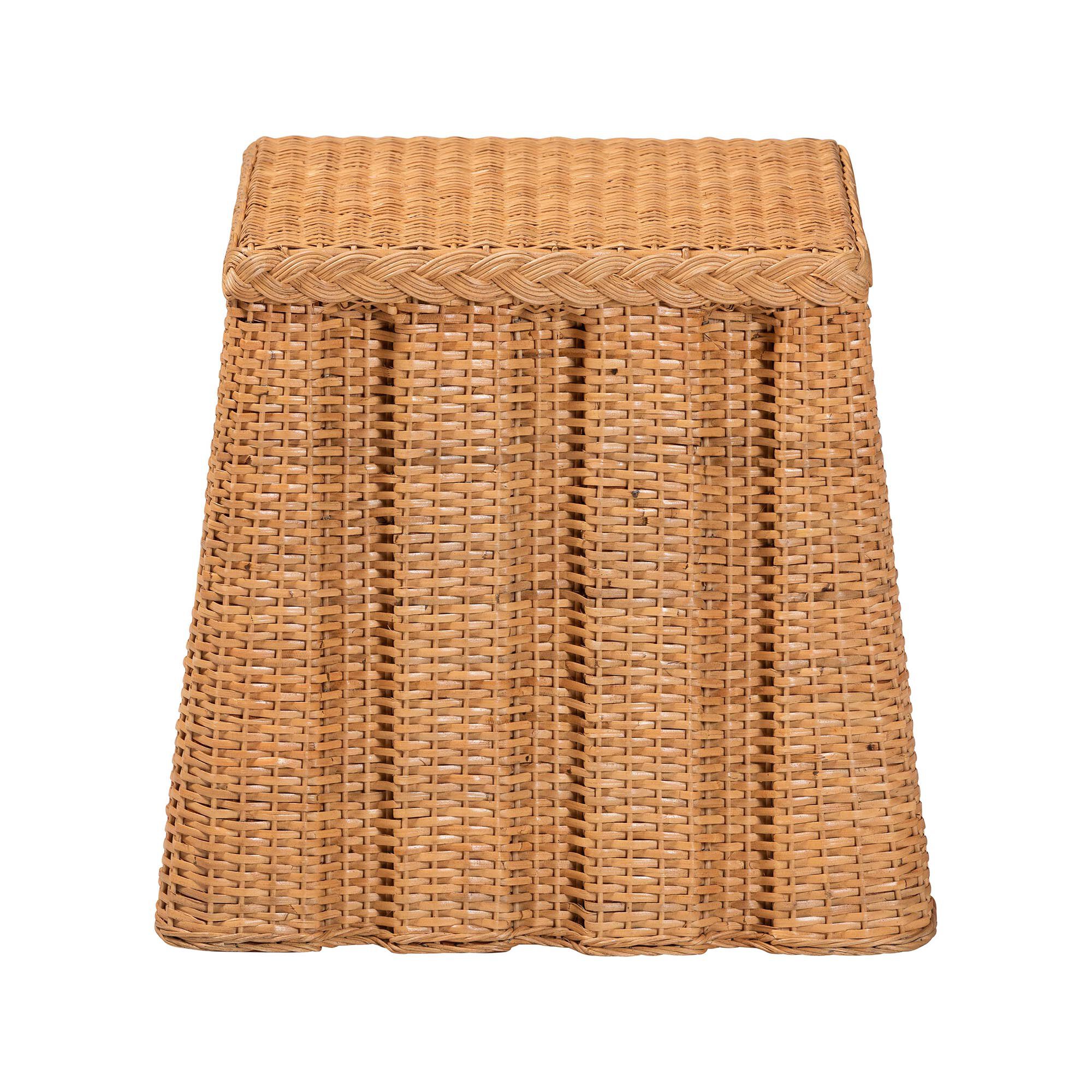 Front view natural rattan end table with braided top border and woven panel sides