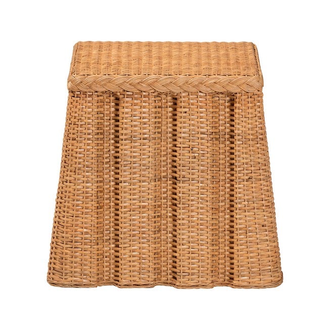 Front view natural rattan end table with braided top border and woven panel sides