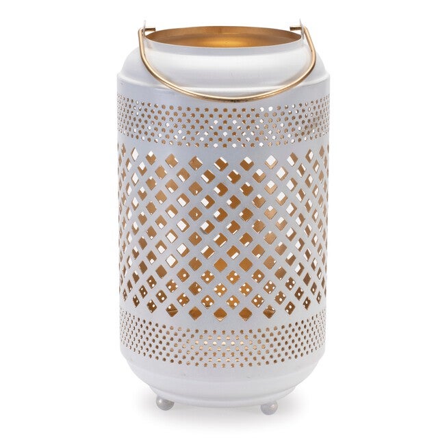 Lattice Punched Metal Lantern with Gold Accent 13.75 inchesH, WHITE/GOLD, hi-res image number 0