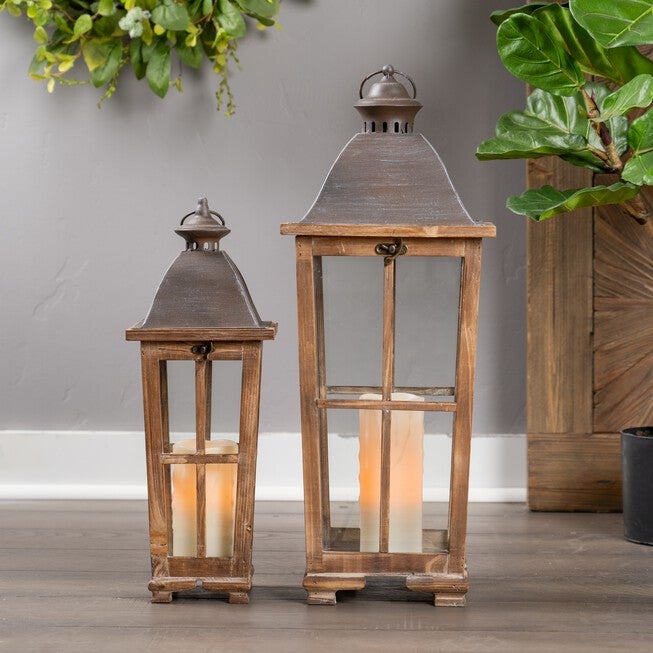 Lantern (Set of 2) 19 inchesH, 25.75 inchesH Iron/Wood, BROWN, alternate image number 1