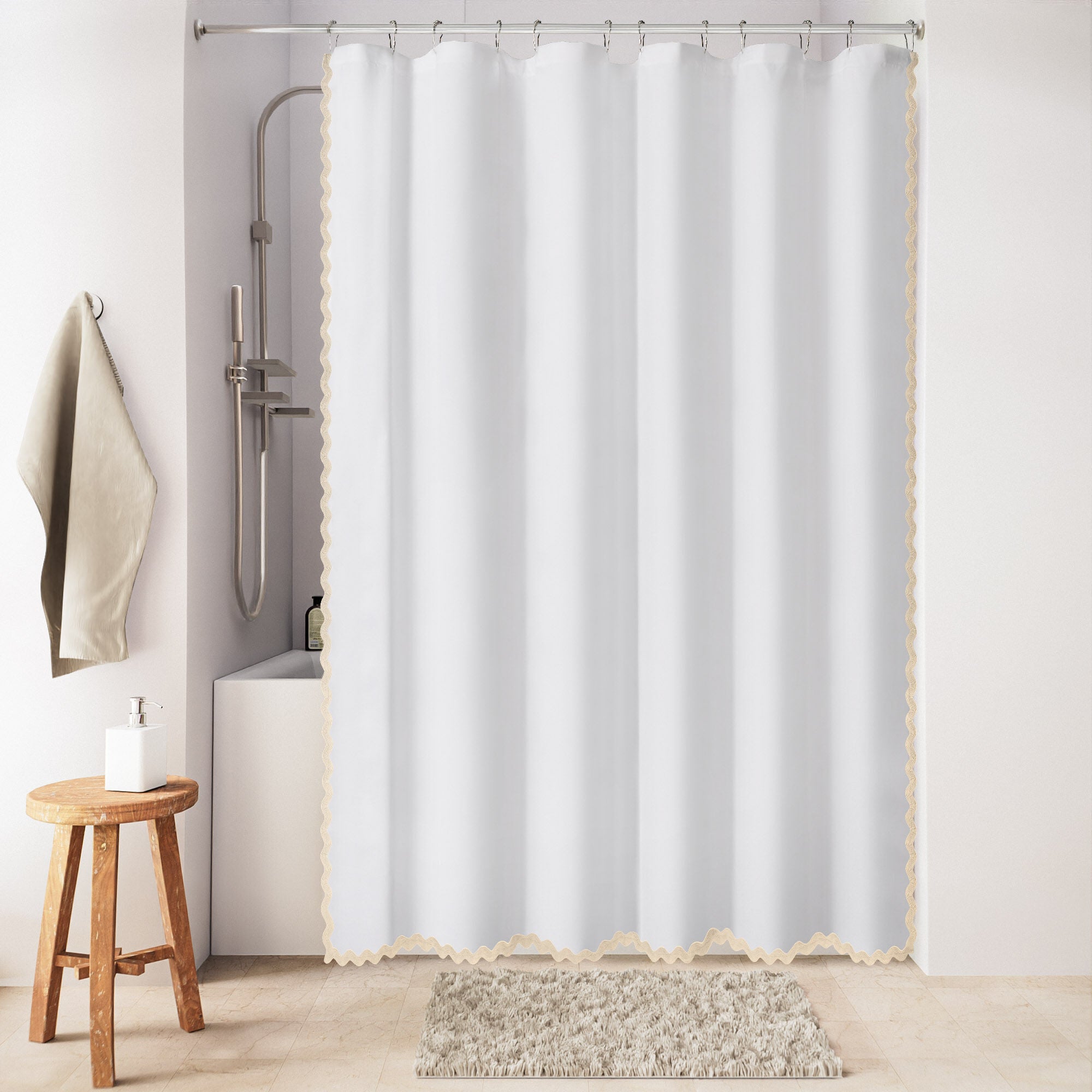 Scalloped Fabric Shower Curtain, CREAM, hi-res image number 0