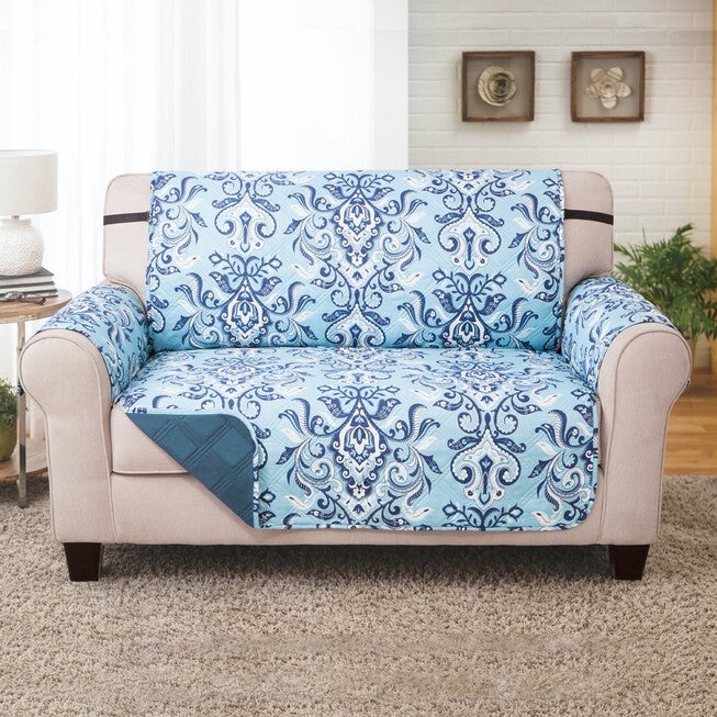 Printed Reversible Quilted Love Seat Protector, BLUE, hi-res image number null